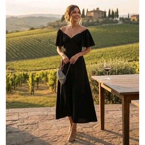 Phiscia Black Midi Dress XL Flutter Sleeve Sweetheart Neck Wedding Guest Satin